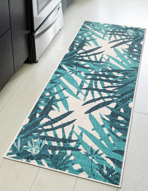 Teal blue 2' x 5' 1 Outdoor Botanical Runner Area Rug Weather Resistant for Patio, Deck, Terrace, Balcony, Porch Polypropylene Garden Floral Tropical Carpet for Sale at Rug Engine