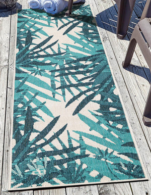 Teal blue 2' x 5' 1 Outdoor Botanical Runner Area Rug Weather Resistant for Patio, Deck, Terrace, Balcony, Porch Polypropylene Garden Floral Tropical Carpet for Sale at Rug Engine