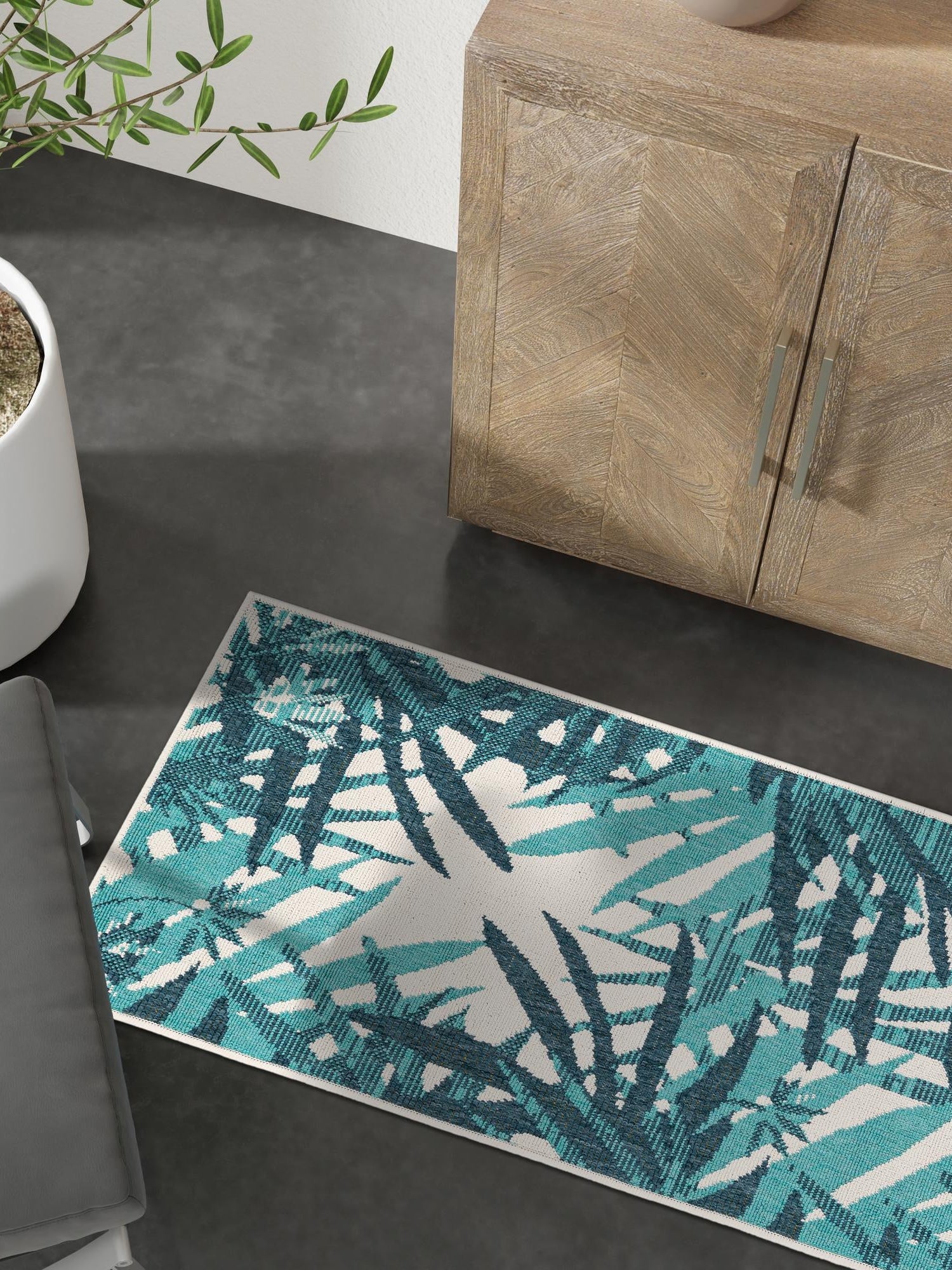 Teal blue 2' x 8' Outdoor Botanical Runner Area Rug Weather Resistant for Patio, Deck, Terrace, Balcony, Porch Polypropylene Garden Floral Tropical Carpet for Sale at Rug Engine