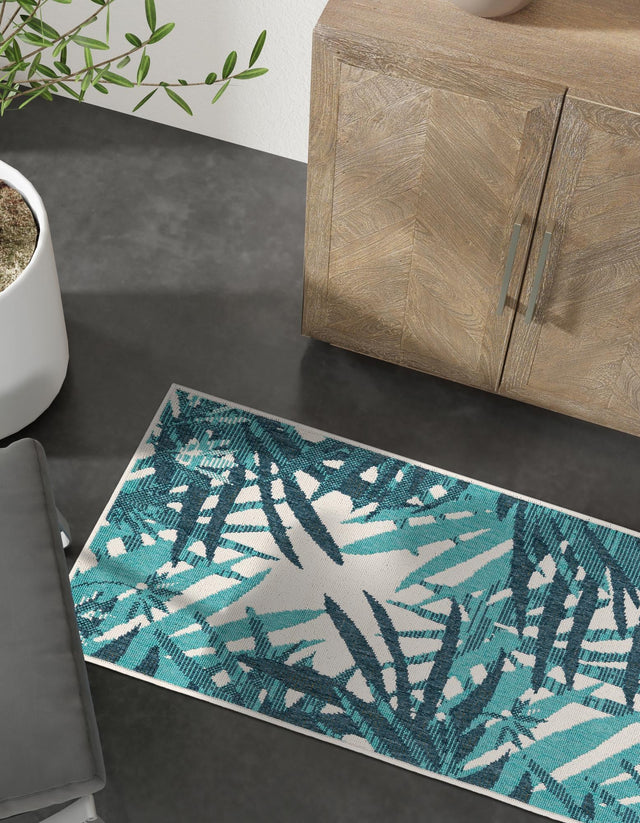 Teal blue 2' x 8' Outdoor Botanical Runner Area Rug Weather Resistant for Patio, Deck, Terrace, Balcony, Porch Polypropylene Garden Floral Tropical Carpet for Sale at Rug Engine