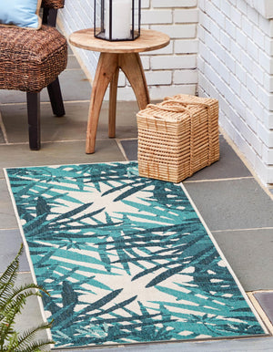 Teal blue 2' x 5' 1 Outdoor Botanical Runner Area Rug Weather Resistant for Patio, Deck, Terrace, Balcony, Porch Polypropylene Garden Floral Tropical Carpet for Sale at Rug Engine