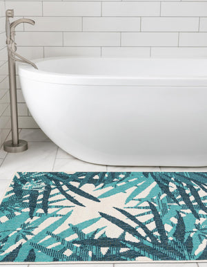 Teal blue 2' 7 x 12' Outdoor Botanical Runner Area Rug Weather Resistant for Patio, Deck, Terrace, Balcony, Porch Polypropylene Garden Floral Tropical Carpet for Sale at Rug Engine