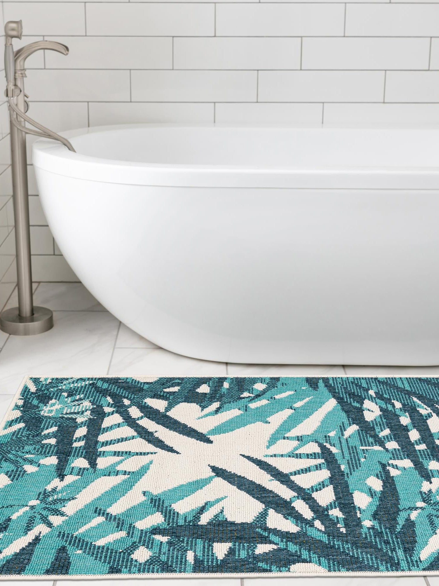 Teal blue 2' x 5' 1 Outdoor Botanical Runner Area Rug Weather Resistant for Patio, Deck, Terrace, Balcony, Porch Polypropylene Garden Floral Tropical Carpet for Sale at Rug Engine