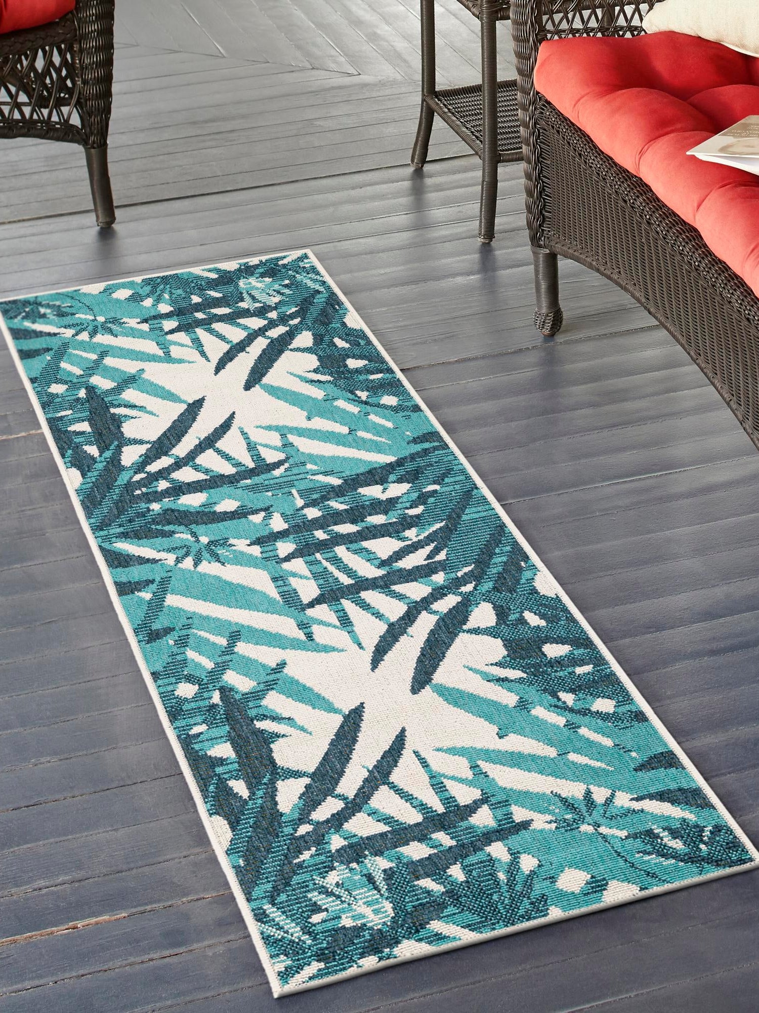 Teal blue 2' x 5' 1 Outdoor Botanical Runner Area Rug Weather Resistant for Patio, Deck, Terrace, Balcony, Porch Polypropylene Garden Floral Tropical Carpet for Sale at Rug Engine