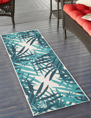 Teal blue 2' x 5' 1 Outdoor Botanical Runner Area Rug Weather Resistant for Patio, Deck, Terrace, Balcony, Porch Polypropylene Garden Floral Tropical Carpet for Sale at Rug Engine