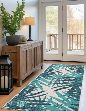 Teal blue 2' 7 x 12' Outdoor Botanical Runner Area Rug Weather Resistant for Patio, Deck, Terrace, Balcony, Porch Polypropylene Garden Floral Tropical Carpet for Sale at Rug Engine