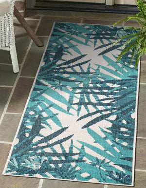 Teal blue 2' 7 x 12' Outdoor Botanical Runner Area Rug Weather Resistant for Patio, Deck, Terrace, Balcony, Porch Polypropylene Garden Floral Tropical Carpet for Sale at Rug Engine