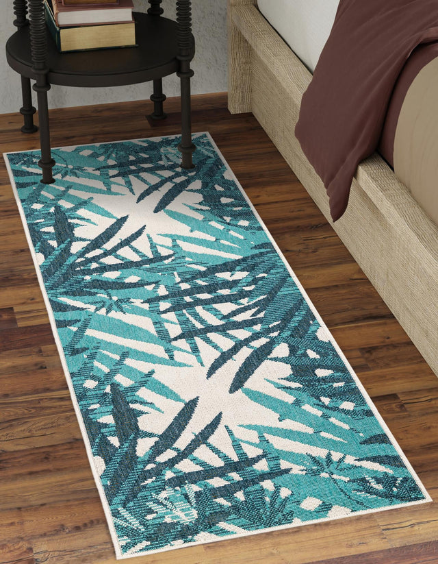 Teal blue 2' 7 x 12' Outdoor Botanical Runner Area Rug Weather Resistant for Patio, Deck, Terrace, Balcony, Porch Polypropylene Garden Floral Tropical Carpet for Sale at Rug Engine