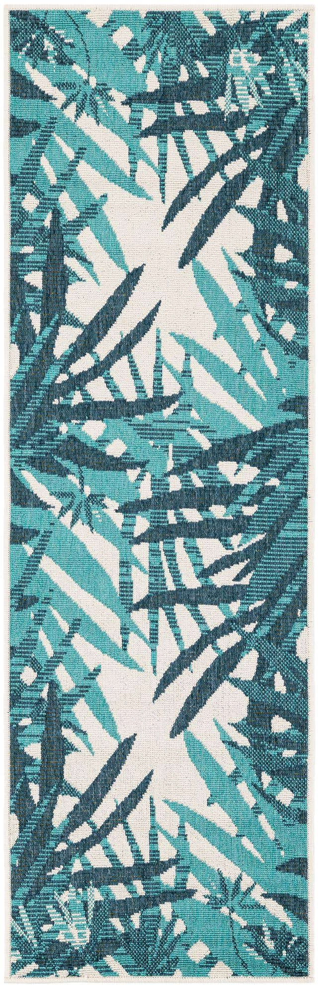 Teal blue 2' x 6' 1 Outdoor Botanical Runner Area Rug Weather Resistant for Patio, Deck, Terrace, Balcony, Porch Polypropylene Garden Floral Tropical Carpet for Sale at Rug Engine