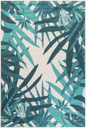 Teal blue 6' 1 x 9' Outdoor Botanical Rectangle Area Rug Weather Resistant for Patio, Deck, Terrace, Balcony, Porch Polypropylene Garden Floral Tropical Carpet for Sale at Rug Engine