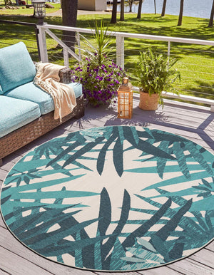 Teal blue 4' 1 x 4' 1 Outdoor Botanical Round Area Rug Weather Resistant for Patio, Deck, Terrace, Balcony, Porch Polypropylene Garden Floral Tropical Carpet for Sale at Rug Engine
