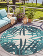 Teal blue 7' 10 x 7' 10 Outdoor Botanical Round Area Rug Weather Resistant for Patio, Deck, Terrace, Balcony, Porch Polypropylene Garden Floral Tropical Carpet for Sale at Rug Engine