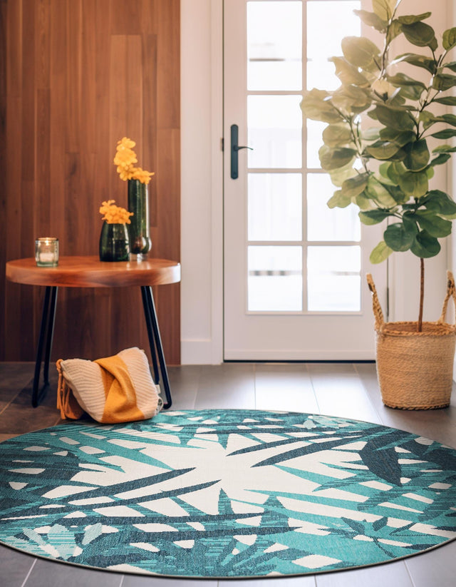 Teal blue 5' 1 x 5' 1 Outdoor Botanical Round Area Rug Weather Resistant for Patio, Deck, Terrace, Balcony, Porch Polypropylene Garden Floral Tropical Carpet for Sale at Rug Engine