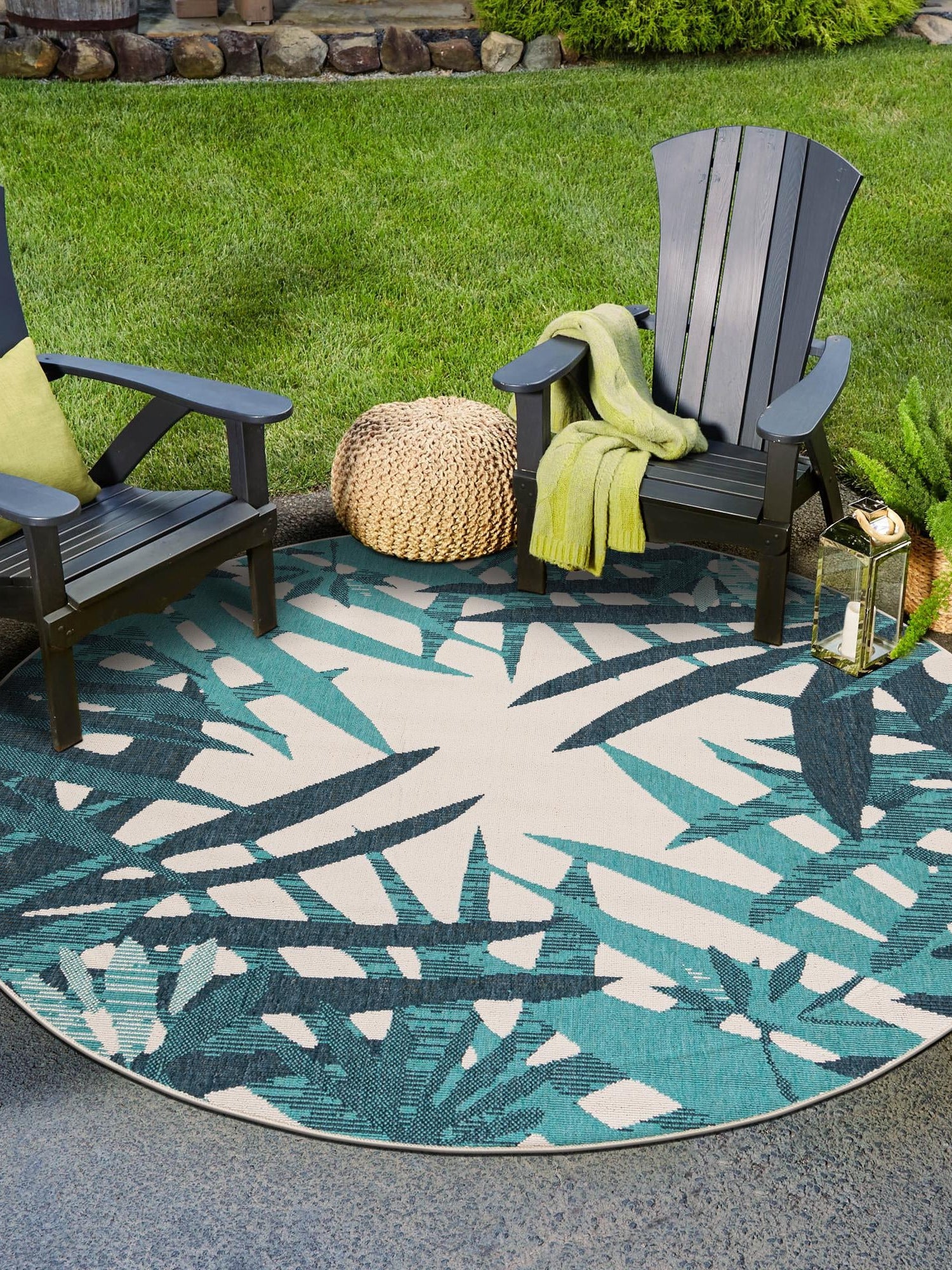 Teal blue 6' 1 x 6' 1 Outdoor Botanical Round Area Rug Weather Resistant for Patio, Deck, Terrace, Balcony, Porch Polypropylene Garden Floral Tropical Carpet for Sale at Rug Engine