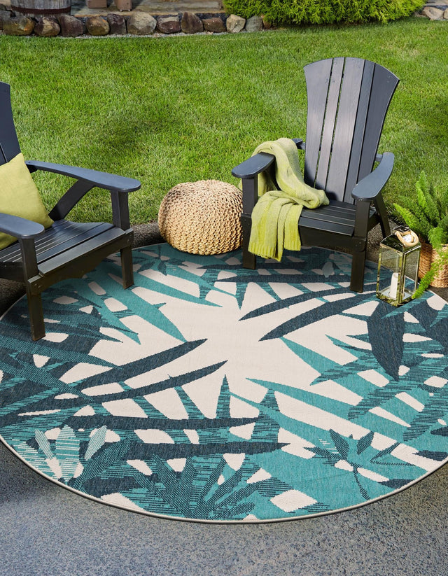 Teal blue 6' 1 x 6' 1 Outdoor Botanical Round Area Rug Weather Resistant for Patio, Deck, Terrace, Balcony, Porch Polypropylene Garden Floral Tropical Carpet for Sale at Rug Engine