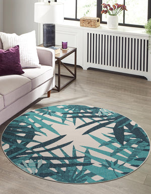 Teal blue 3' 1 x 3' 1 Outdoor Botanical Round Area Rug Weather Resistant for Patio, Deck, Terrace, Balcony, Porch Polypropylene Garden Floral Tropical Carpet for Sale at Rug Engine