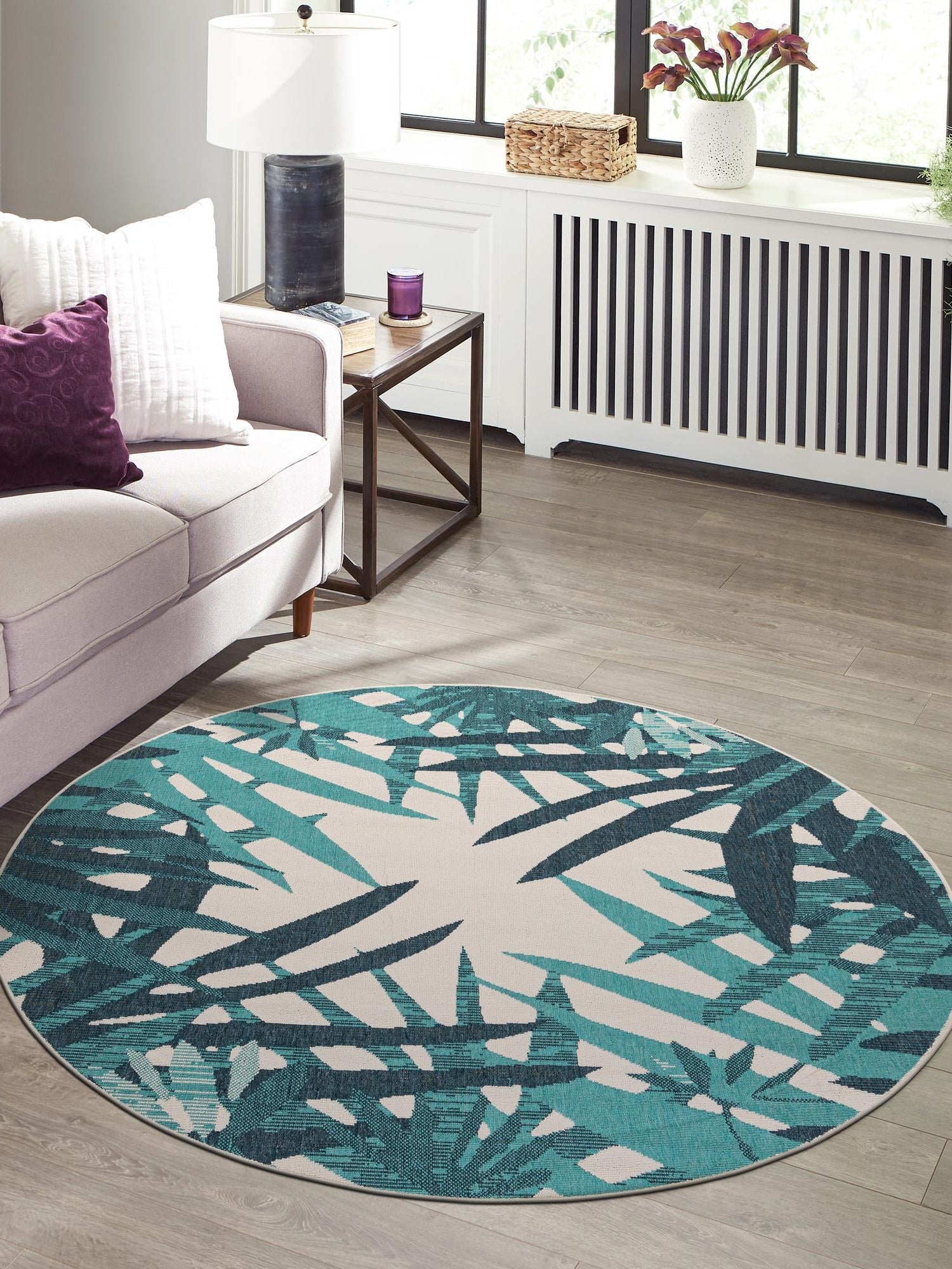 Teal blue 6' 1 x 6' 1 Outdoor Botanical Round Area Rug Weather Resistant for Patio, Deck, Terrace, Balcony, Porch Polypropylene Garden Floral Tropical Carpet for Sale at Rug Engine