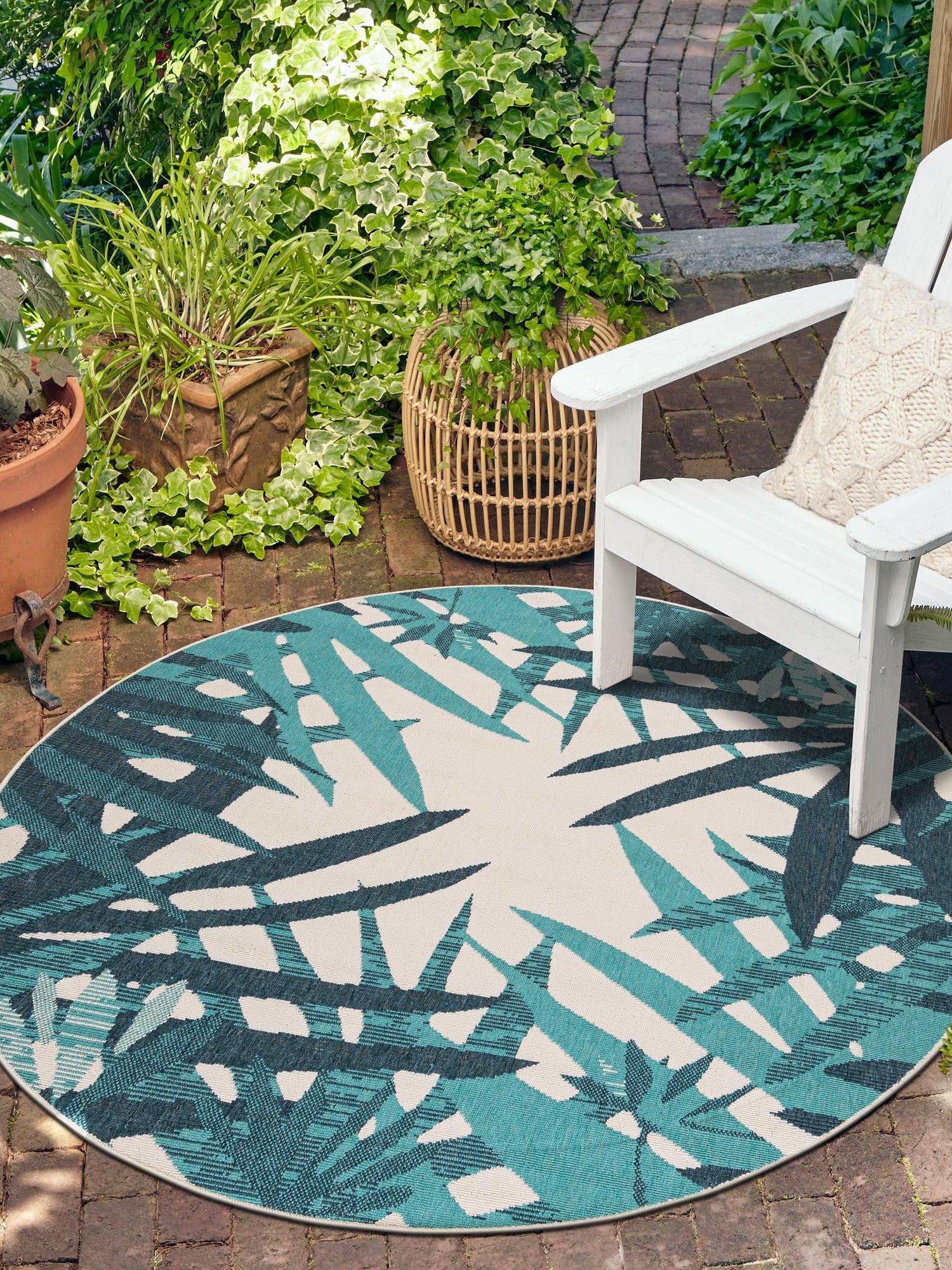Teal blue 5' 1 x 5' 1 Outdoor Botanical Round Area Rug Weather Resistant for Patio, Deck, Terrace, Balcony, Porch Polypropylene Garden Floral Tropical Carpet for Sale at Rug Engine