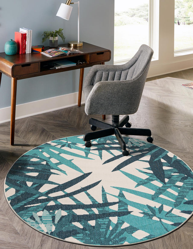 Teal blue 4' 1 x 4' 1 Outdoor Botanical Round Area Rug Weather Resistant for Patio, Deck, Terrace, Balcony, Porch Polypropylene Garden Floral Tropical Carpet for Sale at Rug Engine