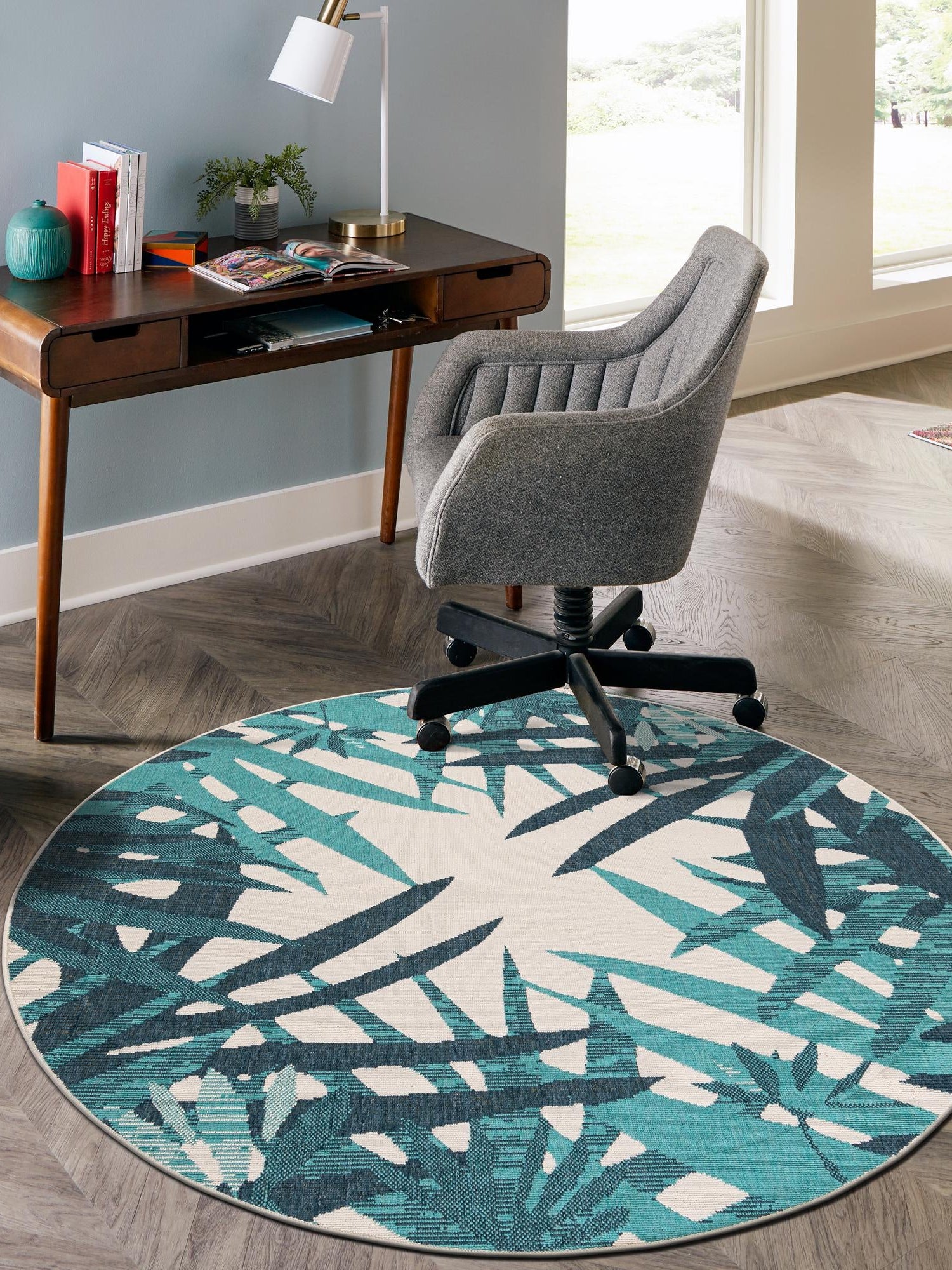 Teal blue 3' 1 x 3' 1 Outdoor Botanical Round Area Rug Weather Resistant for Patio, Deck, Terrace, Balcony, Porch Polypropylene Garden Floral Tropical Carpet for Sale at Rug Engine