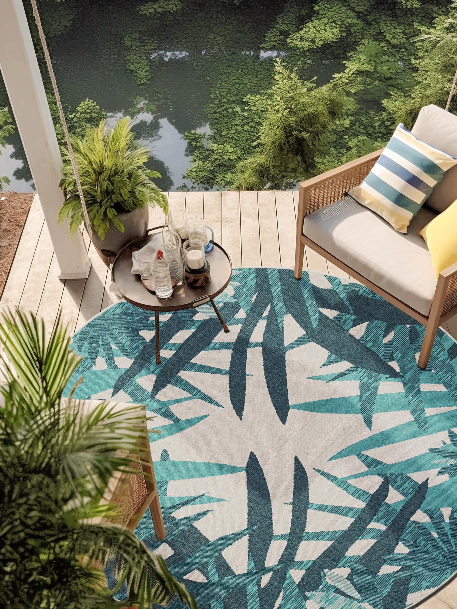 Teal blue 6' 1 x 6' 1 Outdoor Botanical Round Area Rug Weather Resistant for Patio, Deck, Terrace, Balcony, Porch Polypropylene Garden Floral Tropical Carpet for Sale at Rug Engine