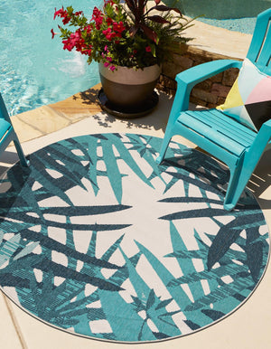 Teal blue 4' 1 x 4' 1 Outdoor Botanical Round Area Rug Weather Resistant for Patio, Deck, Terrace, Balcony, Porch Polypropylene Garden Floral Tropical Carpet for Sale at Rug Engine