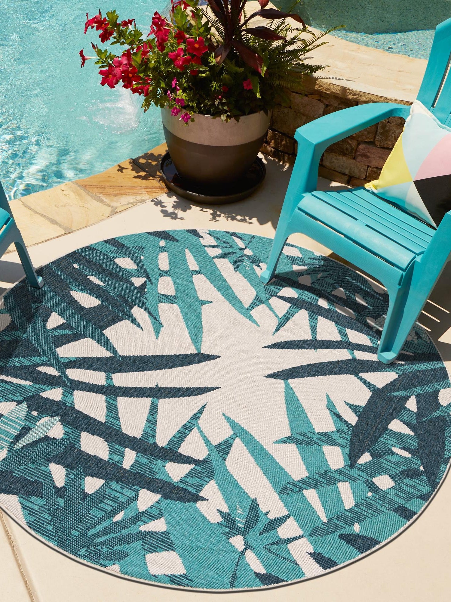 Teal blue 6' 1 x 6' 1 Outdoor Botanical Round Area Rug Weather Resistant for Patio, Deck, Terrace, Balcony, Porch Polypropylene Garden Floral Tropical Carpet for Sale at Rug Engine