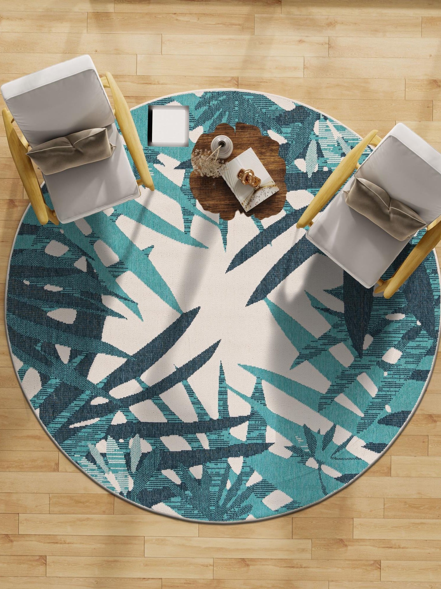 Teal blue 5' 1 x 5' 1 Outdoor Botanical Round Area Rug Weather Resistant for Patio, Deck, Terrace, Balcony, Porch Polypropylene Garden Floral Tropical Carpet for Sale at Rug Engine