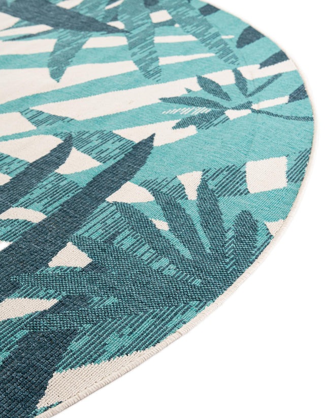 Teal blue 6' 1 x 6' 1 Outdoor Botanical Round Area Rug Weather Resistant for Patio, Deck, Terrace, Balcony, Porch Polypropylene Garden Floral Tropical Carpet for Sale at Rug Engine