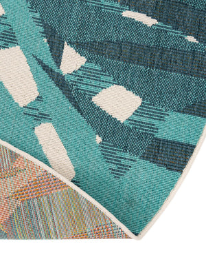 Teal blue 4' 1 x 4' 1 Outdoor Botanical Round Area Rug Weather Resistant for Patio, Deck, Terrace, Balcony, Porch Polypropylene Garden Floral Tropical Carpet for Sale at Rug Engine