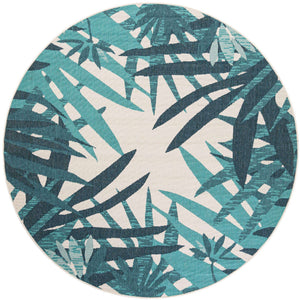 Teal blue 7' 10 x 7' 10 Outdoor Botanical Round Area Rug Weather Resistant for Patio, Deck, Terrace, Balcony, Porch Polypropylene Garden Floral Tropical Carpet for Sale at Rug Engine