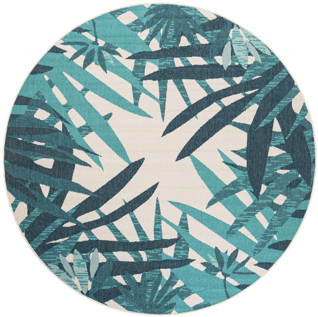 Teal blue 7' 10 x 7' 10 Outdoor Botanical Round Area Rug Weather Resistant for Patio, Deck, Terrace, Balcony, Porch Polypropylene Garden Floral Tropical Carpet for Sale at Rug Engine