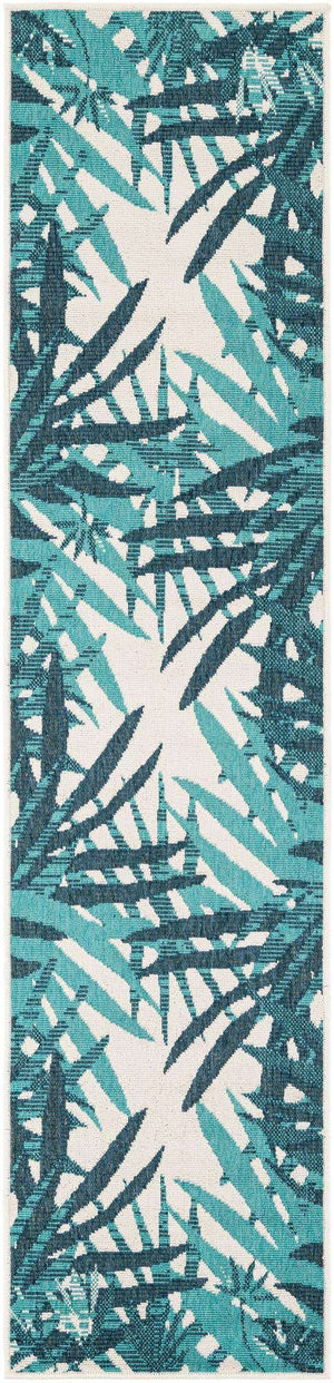 Teal blue 2' x 8' Outdoor Botanical Runner Area Rug Weather Resistant for Patio, Deck, Terrace, Balcony, Porch Polypropylene Garden Floral Tropical Carpet for Sale at Rug Engine
