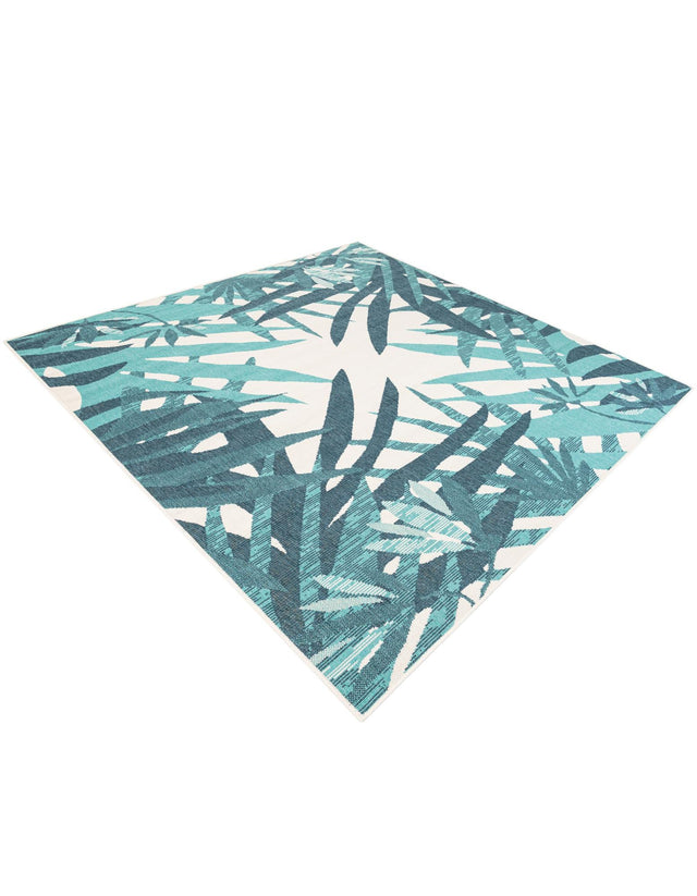 Teal blue 7' 10 x 7' 10 Outdoor Botanical Square Area Rug Weather Resistant for Patio, Deck, Terrace, Balcony, Porch Polypropylene Garden Floral Tropical Carpet for Sale at Rug Engine