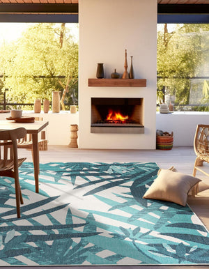 Teal blue 7' 10 x 7' 10 Outdoor Botanical Square Area Rug Weather Resistant for Patio, Deck, Terrace, Balcony, Porch Polypropylene Garden Floral Tropical Carpet for Sale at Rug Engine