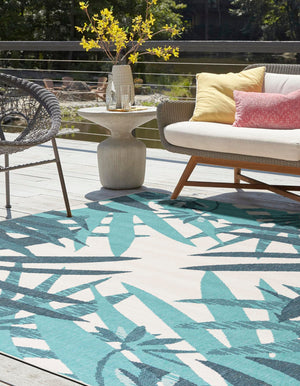 Teal blue 7' 10 x 7' 10 Outdoor Botanical Square Area Rug Weather Resistant for Patio, Deck, Terrace, Balcony, Porch Polypropylene Garden Floral Tropical Carpet for Sale at Rug Engine