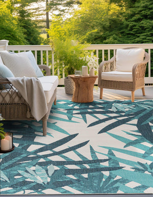 Teal blue 7' 10 x 7' 10 Outdoor Botanical Square Area Rug Weather Resistant for Patio, Deck, Terrace, Balcony, Porch Polypropylene Garden Floral Tropical Carpet for Sale at Rug Engine