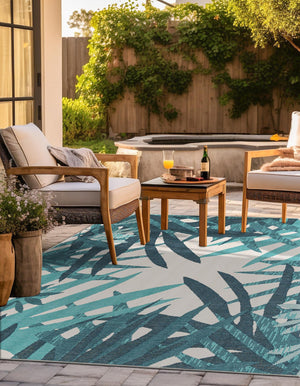 Teal blue 7' 10 x 7' 10 Outdoor Botanical Square Area Rug Weather Resistant for Patio, Deck, Terrace, Balcony, Porch Polypropylene Garden Floral Tropical Carpet for Sale at Rug Engine