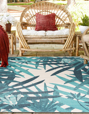 Teal blue 7' 10 x 7' 10 Outdoor Botanical Square Area Rug Weather Resistant for Patio, Deck, Terrace, Balcony, Porch Polypropylene Garden Floral Tropical Carpet for Sale at Rug Engine