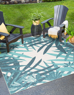 Teal blue 7' 10 x 7' 10 Outdoor Botanical Square Area Rug Weather Resistant for Patio, Deck, Terrace, Balcony, Porch Polypropylene Garden Floral Tropical Carpet for Sale at Rug Engine