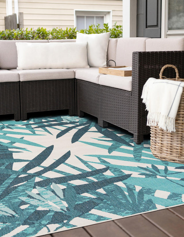 Teal blue 7' 10 x 7' 10 Outdoor Botanical Square Area Rug Weather Resistant for Patio, Deck, Terrace, Balcony, Porch Polypropylene Garden Floral Tropical Carpet for Sale at Rug Engine