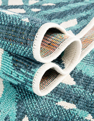 Teal blue 7' 10 x 7' 10 Outdoor Botanical Square Area Rug Weather Resistant for Patio, Deck, Terrace, Balcony, Porch Polypropylene Garden Floral Tropical Carpet for Sale at Rug Engine