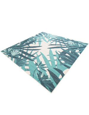 Teal blue 7' 10 x 7' 10 Outdoor Botanical Square Area Rug Weather Resistant for Patio, Deck, Terrace, Balcony, Porch Polypropylene Garden Floral Tropical Carpet for Sale at Rug Engine