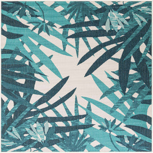 Teal blue 7' 10 x 7' 10 Outdoor Botanical Square Area Rug Weather Resistant for Patio, Deck, Terrace, Balcony, Porch Polypropylene Garden Floral Tropical Carpet for Sale at Rug Engine