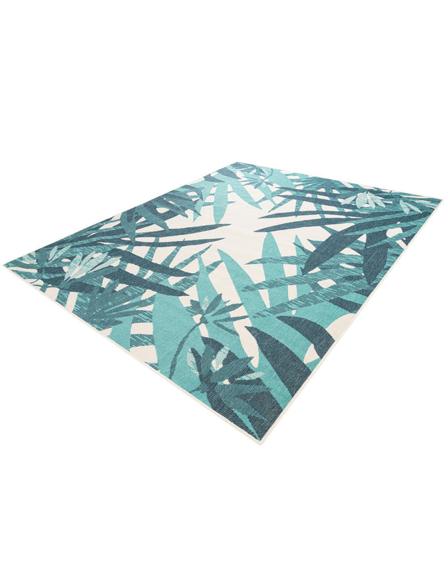 Teal blue 7' 10 x 10' Outdoor Botanical Rectangle Area Rug Weather Resistant for Patio, Deck, Terrace, Balcony, Porch Polypropylene Garden Floral Tropical Carpet for Sale at Rug Engine