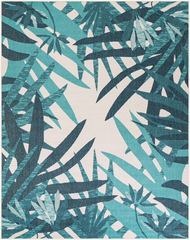 Teal blue 7' 10 x 10' Outdoor Botanical Rectangle Area Rug Weather Resistant for Patio, Deck, Terrace, Balcony, Porch Polypropylene Garden Floral Tropical Carpet for Sale at Rug Engine