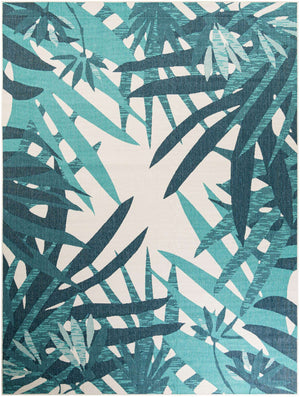 Teal blue 9' x 12' Outdoor Botanical Rectangle Area Rug Weather Resistant for Patio, Deck, Terrace, Balcony, Porch Polypropylene Garden Floral Tropical Carpet for Sale at Rug Engine