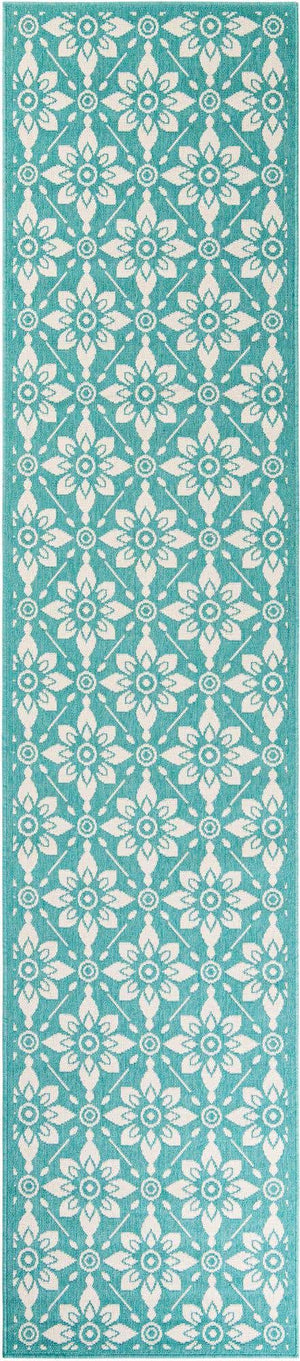 Teal 2' 7 x 12' Outdoor Trellis Runner Area Rug Weather Resistant for Patio, Deck, Terrace, Balcony, Porch Geometric Design Water Safe Outside Carpet for Sale at Rug Engine