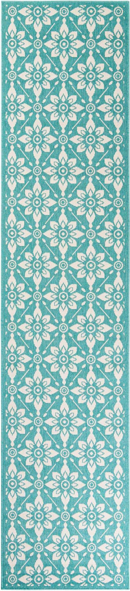 Teal 2' 7 x 12' Outdoor Trellis Runner Area Rug Weather Resistant for Patio, Deck, Terrace, Balcony, Porch Geometric Design Water Safe Outside Carpet for Sale at Rug Engine