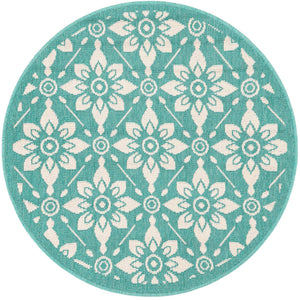 Teal 3' 1 x 3' 1 Outdoor Trellis Round Area Rug Weather Resistant for Patio, Deck, Terrace, Balcony, Porch Geometric Design Water Safe Outside Carpet for Sale at Rug Engine